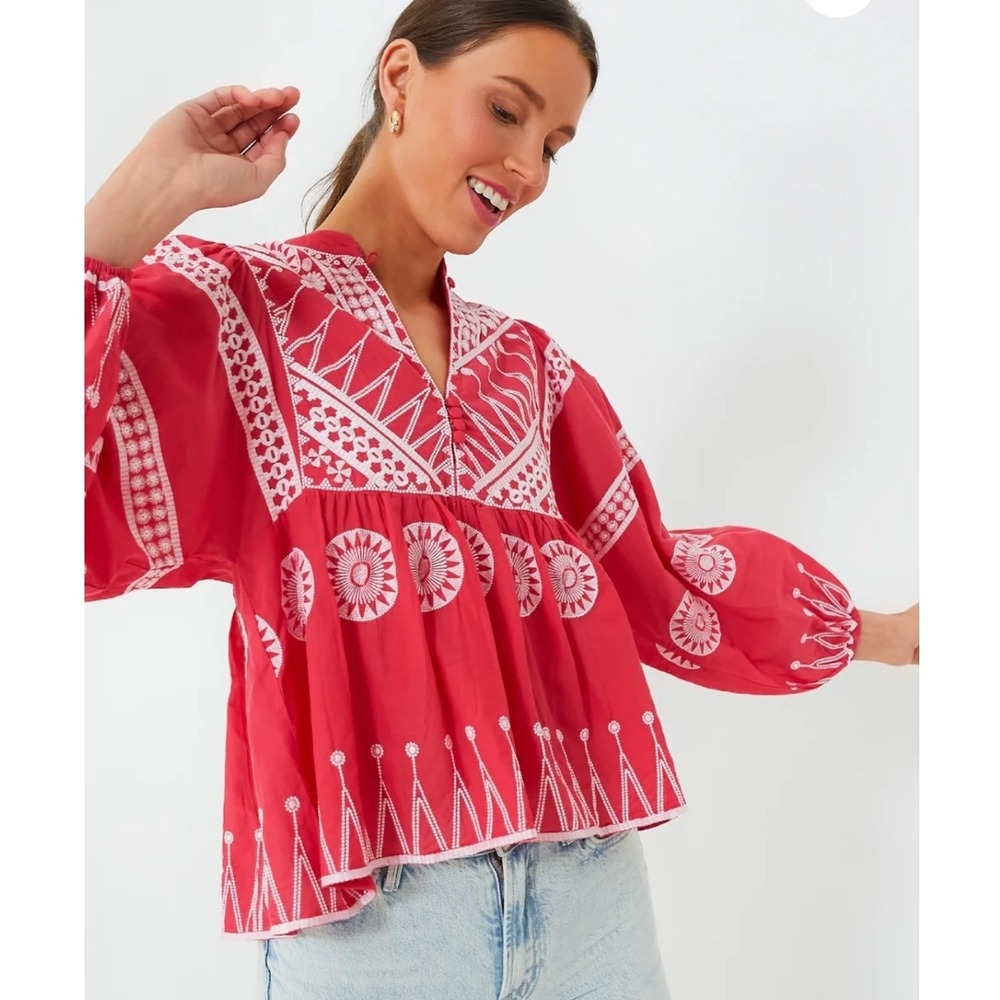 Oliphant Soleil Mandarin Balloon Sleeve Blouse Top Sz S Boho Embroidered Resort